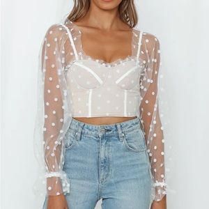 White Polka Dot Mesh Crop Top
